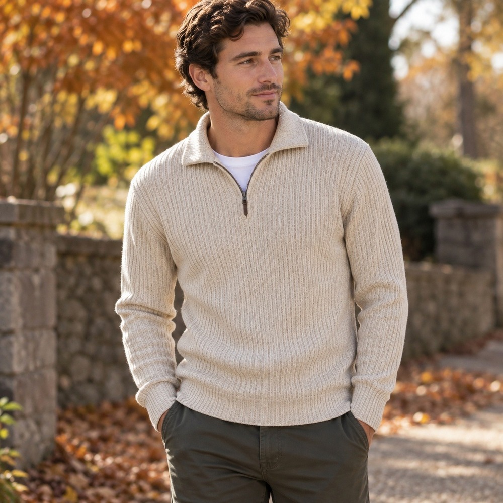 Structure Le Collezioni Sweater Linen Cotton Blend Ribbed Quarter Zip Men's L